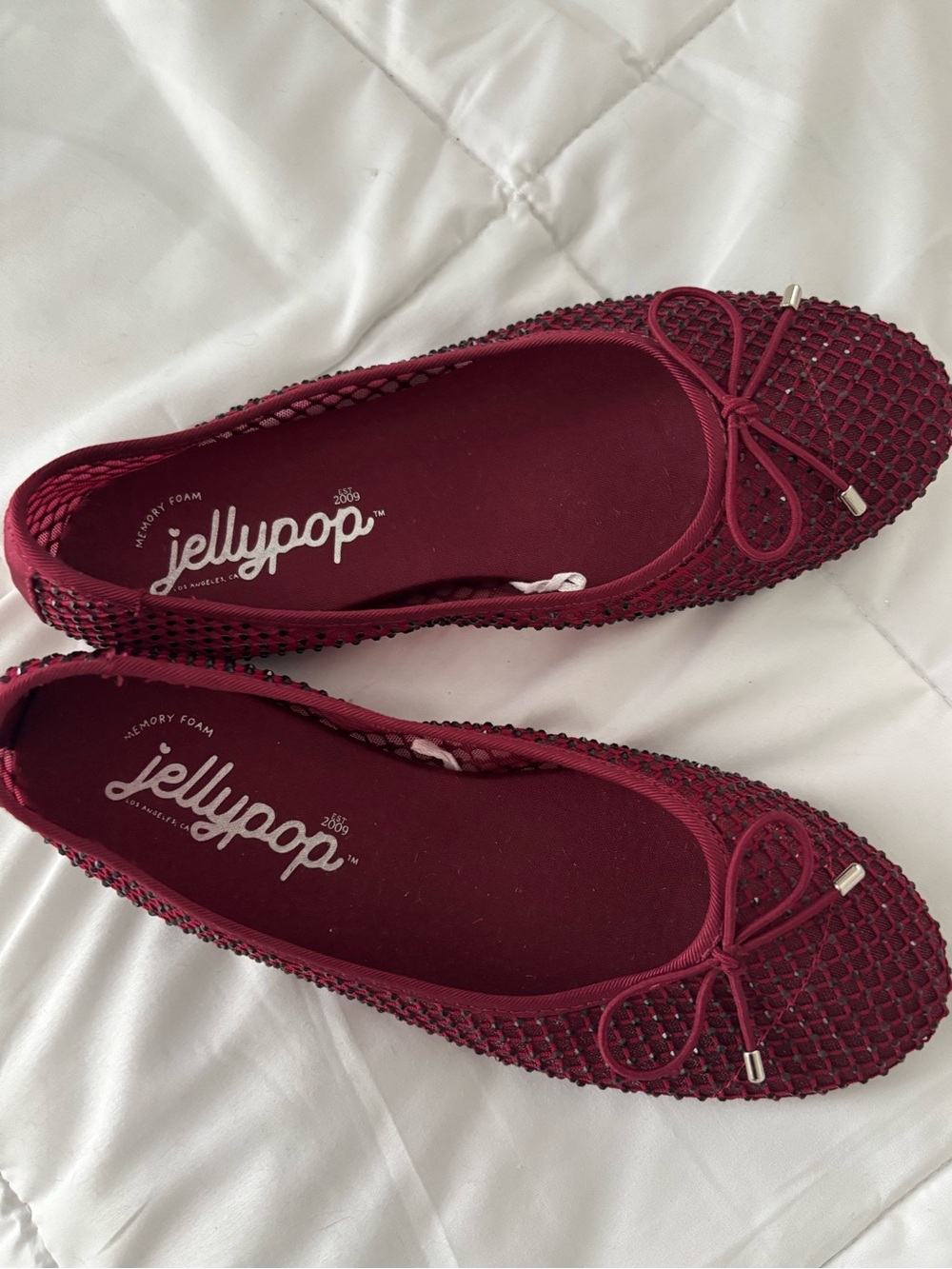 Jellypop Women's Wine Red Woven Ballet Flats with Bow Accent
